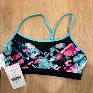 Fabletics Black Floral Sports Bra with Turquoise Trim